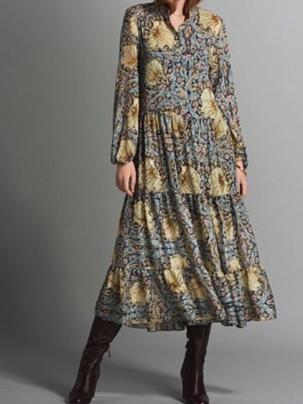 Morris & Co x H&M Sheer Bohemian Flowy Tiered Midi Dress Sz 8/Medium